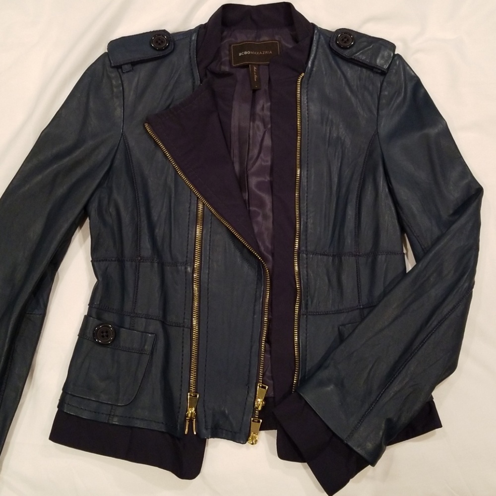 Cool blue BCBG leather moto jacket